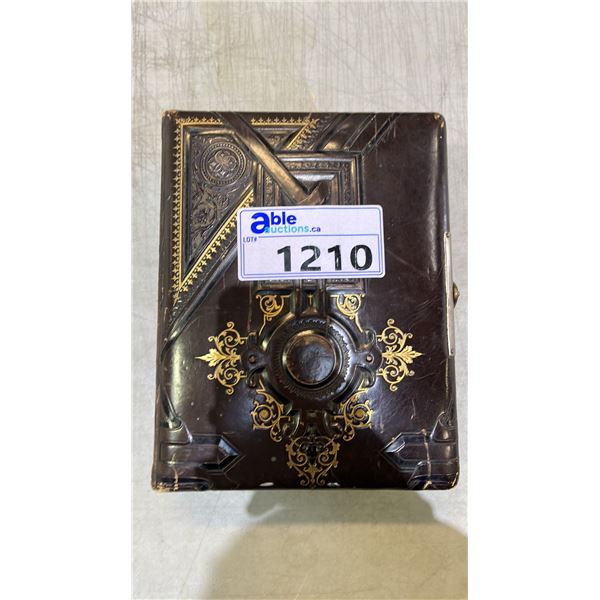 ANTIQUE LEATHER-BOUND GILDED PHOTO ALBUM WITH SIDE LATCH: CONTAINS PHOTOS: