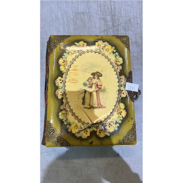 ANTIQUE VICTORIAN EMBOSSED-CELLUOID COVERED PHOTO ALBUM WITH PHOTOS: HAS SIDE LATCH
