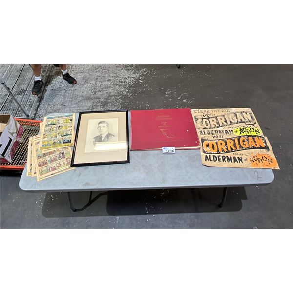 VINTAGE ELECTION SIGNS, FRAMED PENCIL PORTRAIT SIGNED JAYES TAKEMUTA & 1956 BRITISH COLUMBIA ATLAS