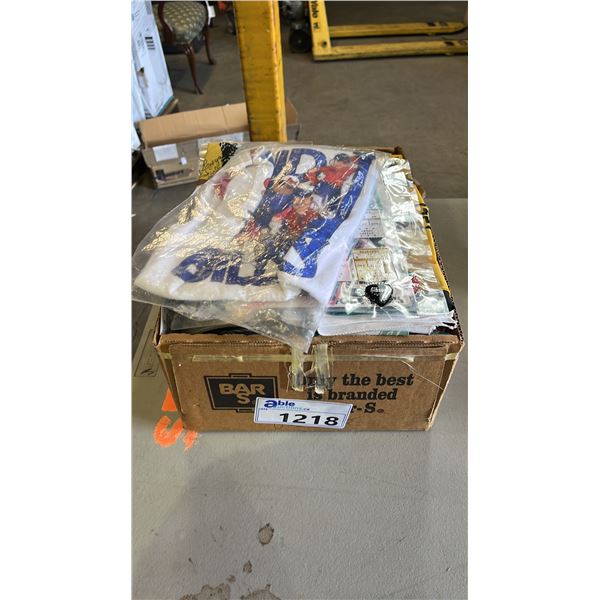 BOX OF ASSORTED HANDKERCHIEFS, GUITAR PICKS, CLOTHING & MORE: SOME IS SIGNED