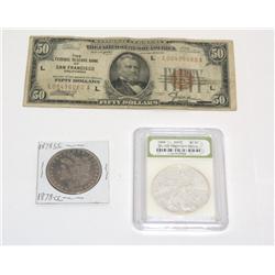Rare $50 Bill, CC Dollar & MS70 Eagle