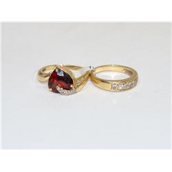 5 Diamonds Wedding Band & Garnet Heart Ring