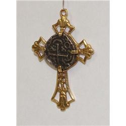 1400's Roman Coin Set into Gold Cross Pendant
