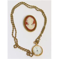 Armitron Pocket Watch & Costume Vintage Cameo
