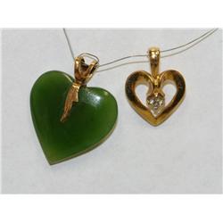 Diamond Heart Pendant & Green Jade Heart Pendant