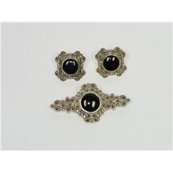 .925 Black Onyx & Marcasite Brooch & Earrings