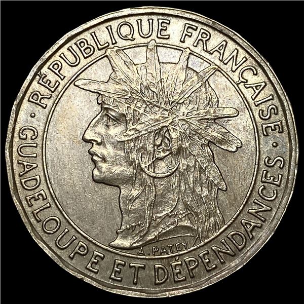 1921 French Guadeloupe 1 Franc Coin CLOSELY  UNCIRCULATED