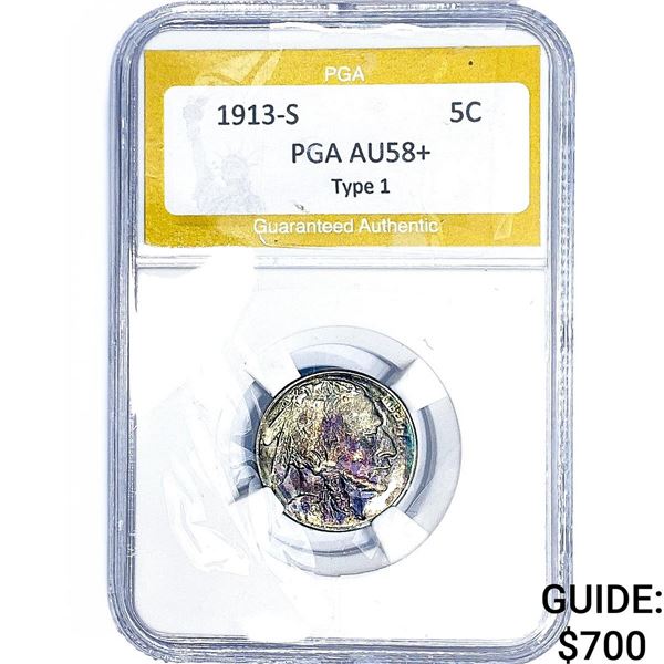 1913-S Buffalo Nickel PGA AU58+ Type 1