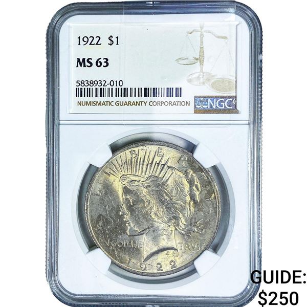 1922 Silver Peace Dollar NGC MS63
