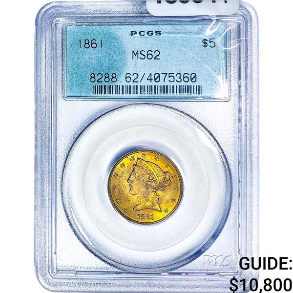1861 $5 Gold Half Eagle PCGS MS62