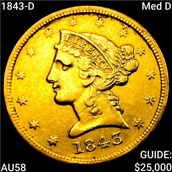 1843-D Med D $5 Gold Half Eagle CHOICE AU