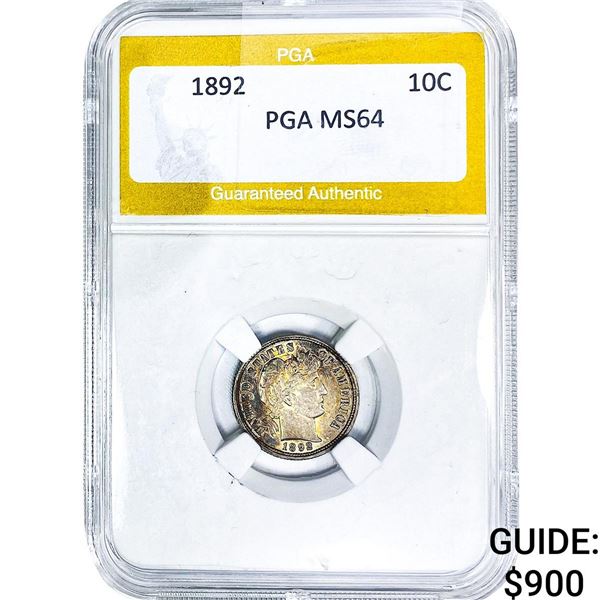 1892 Barber Dime PGA MS64