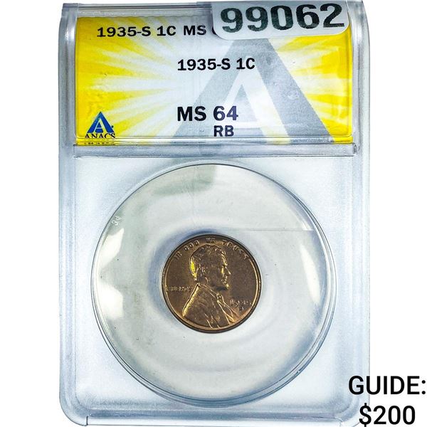 1935-S Wheat Cent ANACS MS64 RB