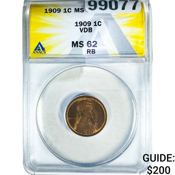 1909 VDB Wheat Cent ANACS MS62 RB