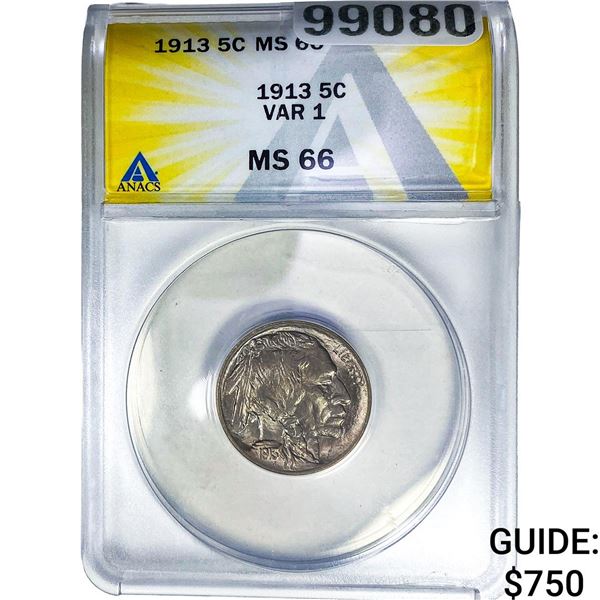 1913 Buffalo Nickel ANACS MS66 Var 1