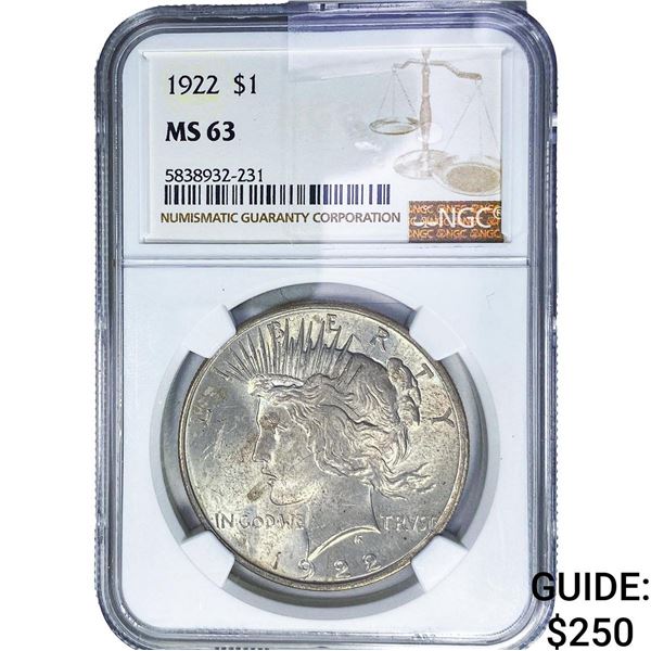 1922 Silver Peace Dollar NGC MS63