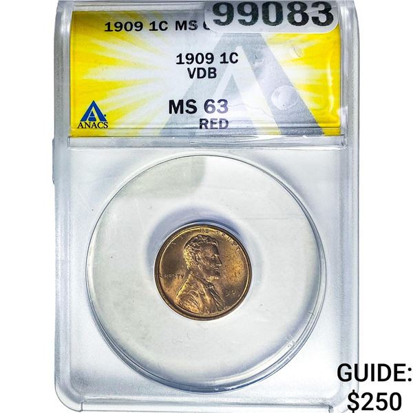 1909 VDB Wheat Cent ANACS MS63 Red