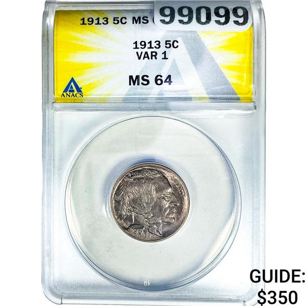 1913 Buffalo Nickel ANACS MS64 Var 1