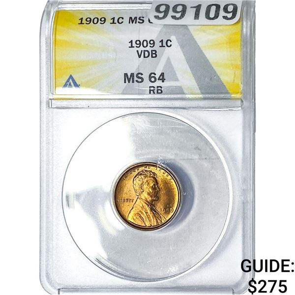 1909 VDB Wheat Cent ANACS MS64 RB