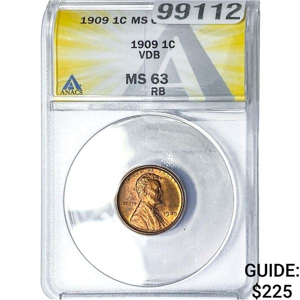 1909 VDB Wheat Cent ANACS MS63 RB