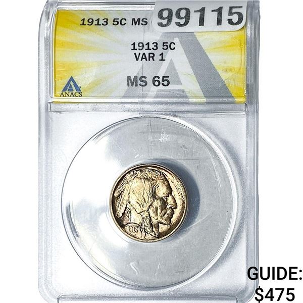 1913 Buffalo Nickel ANACS MS65 Var 1