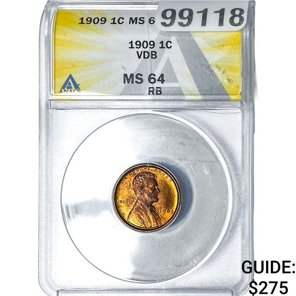 1909 VDB Wheat Cent ANACS MS64 RB