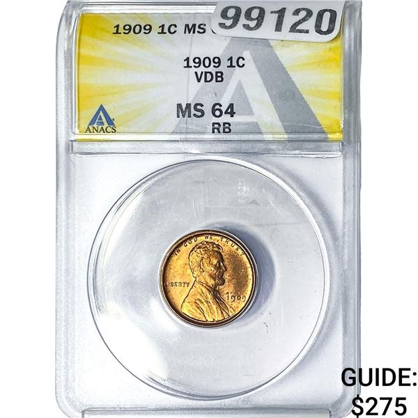 1909 VDB Wheat Cent ANACS MS64 RB