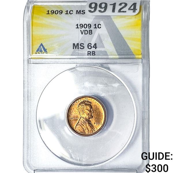 1909 VDB Wheat Cent ANACS MS65 RB