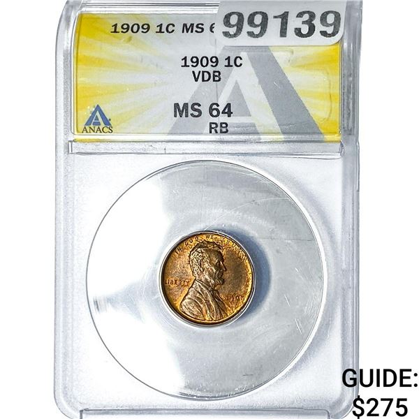1909 VDB Wheat Cent ANACS MS64 RB