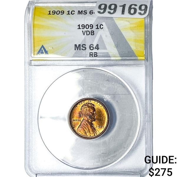 1909 VDB Wheat Cent ANACS MS64 RB