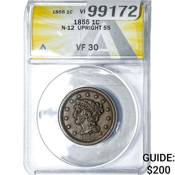 1855 Braided Hair Large Cent ANACS VF30 Upright 55