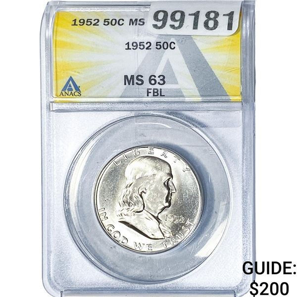 1952 Franklin Half Dollar ANACS MS63 FBL