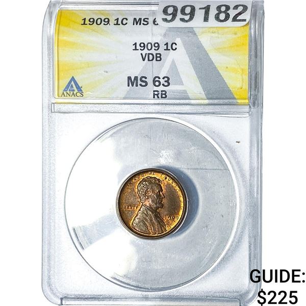 1909 VDB Wheat Cent ANACS MS63 RB