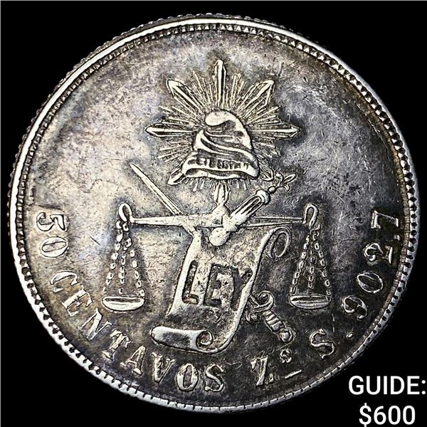 1877-Zs-S Mexico Silver 50 Centavos Balance Scale