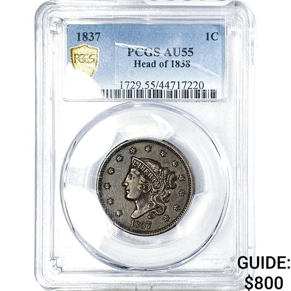 1837 Coronet Head Large Cent PCGS AU55 Heads of 1838