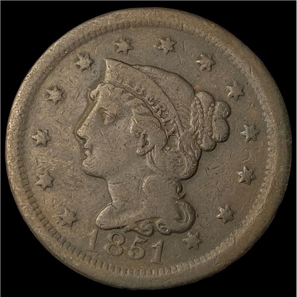 1851 Braided Hair Large Cent LIGHTLY  CIRCULATED
