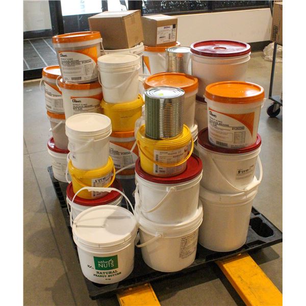 PALLET OF VARIOUS PAILS OF DONUT GLAZES, ICING,
