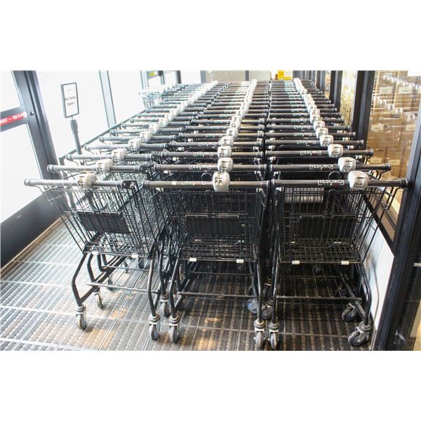 APPROXIMATELY 64 BLACK WIRE METAL SHOPPING CARTS