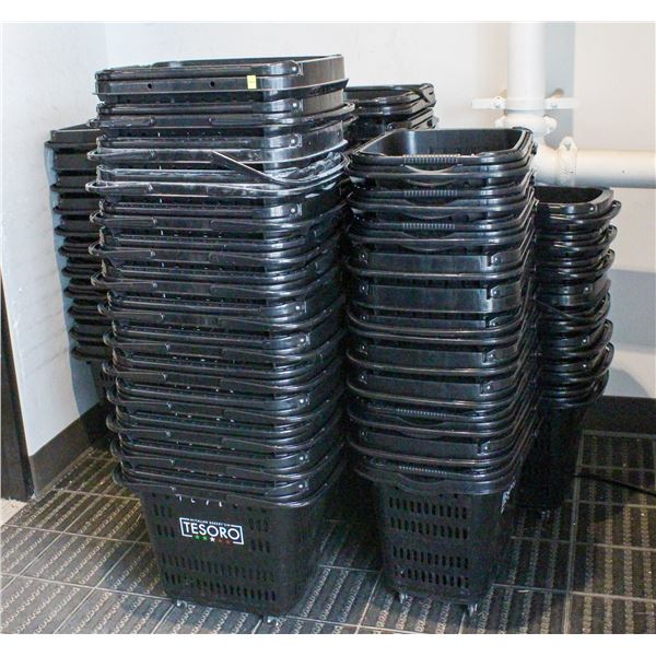 APPROXIMATELY 70 POLY GROCERY BASKETS W/ CASTERS