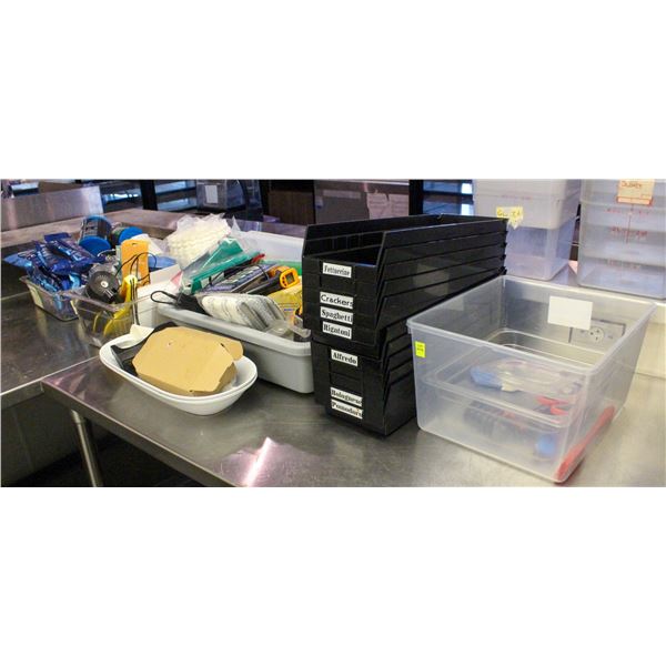 VARIOUS BINS & TOTES KITCHEN UTENSILS AND TOOLS