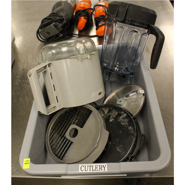 BUS BIN OF ROBOT COUPE PARTS & VITAMIX BLENDER JUG