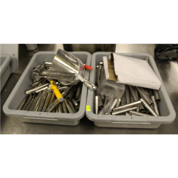 TWO BUS BINS OF BAKING FORMS AND UTENSILS