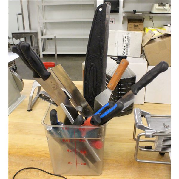 INGREDIENT BIN FULL OF ASSORTED UTENSILS & KNIVES
