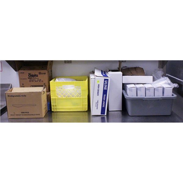 LOT OF DISPOSABLES: GLOVES, TRASH LINERS & MORE