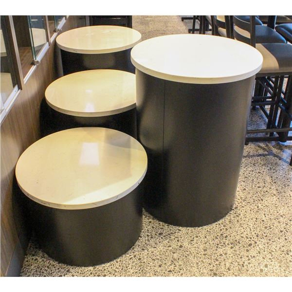 LOT OF 4 ASSORTED HEIGHT ROUND MARBLE TOP DISPLAYS