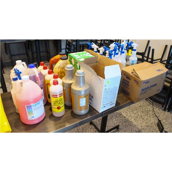 LARGE LOT OF ASSORTED CLEANERS, SAUCES, SYRUPS &