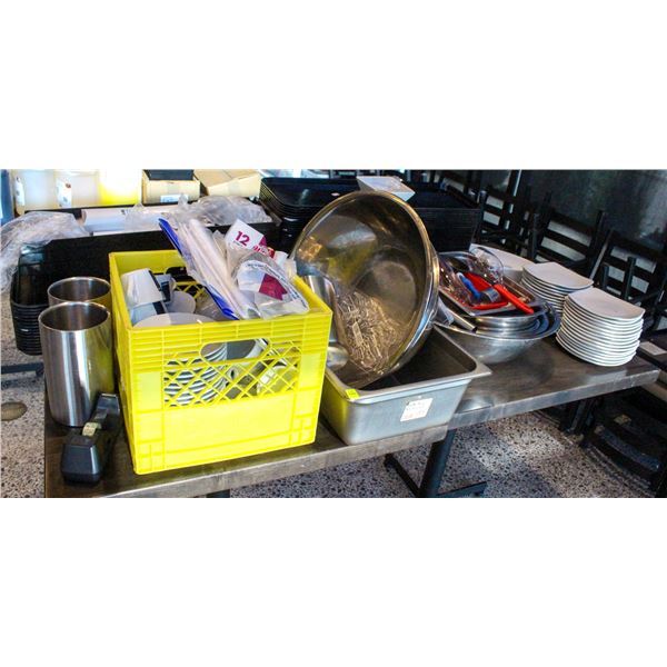 LARGE LOT OF ASSORTED DISHWARE, MARKET TRAYS,