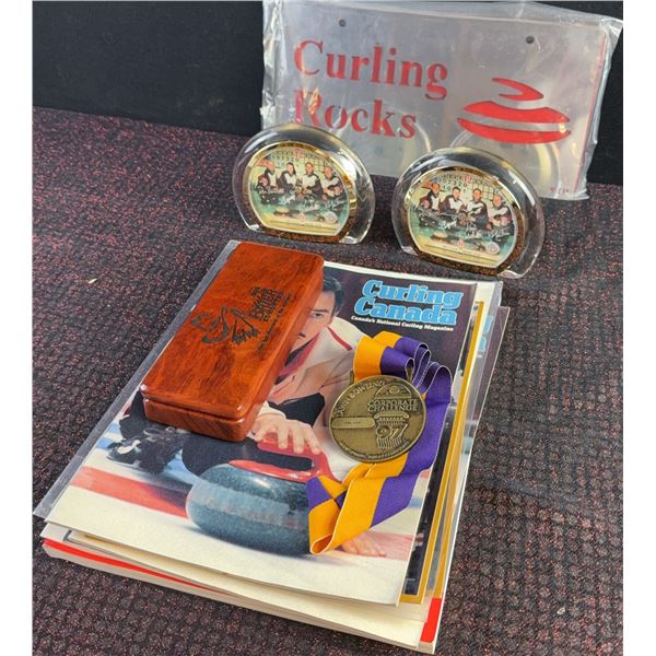 Curling Memorabilia Lot With Medals, Clocks, Pens, Magazines
