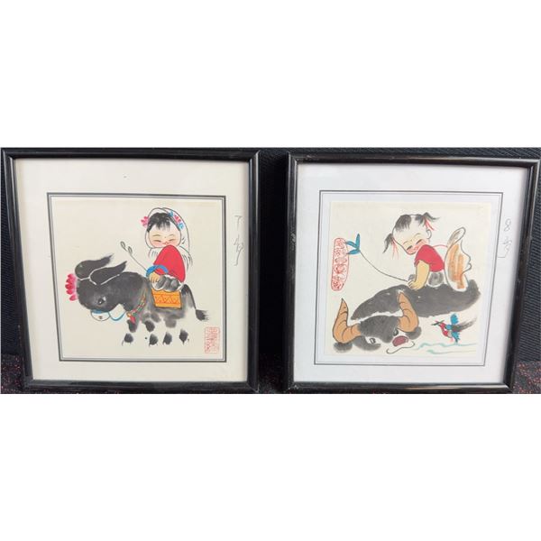 Framed Child and Oxen Themed Chinese Prints, 6x6 Inches