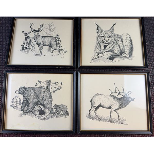 Four Wildlife Prints by Sattiel, Ink on Paper, Framed